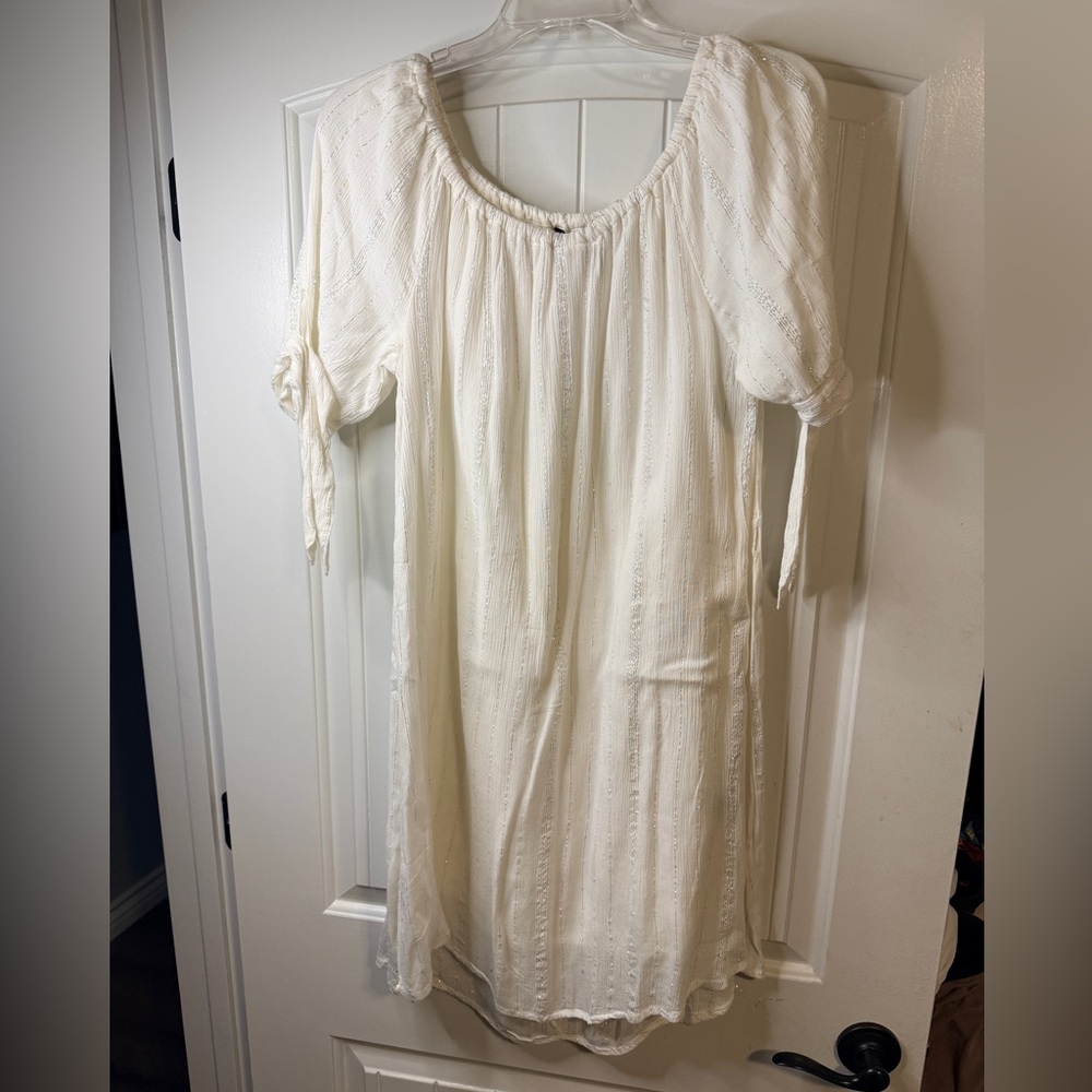 Mille Gabrielle Ivory Metallic Stripe Boho Peasant Dress Medium